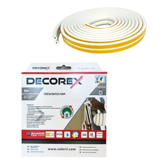 Уплътнител за врати и прозорци DECOREX D профил бял  гумен 6м х 6мм /30 броя в кашон/