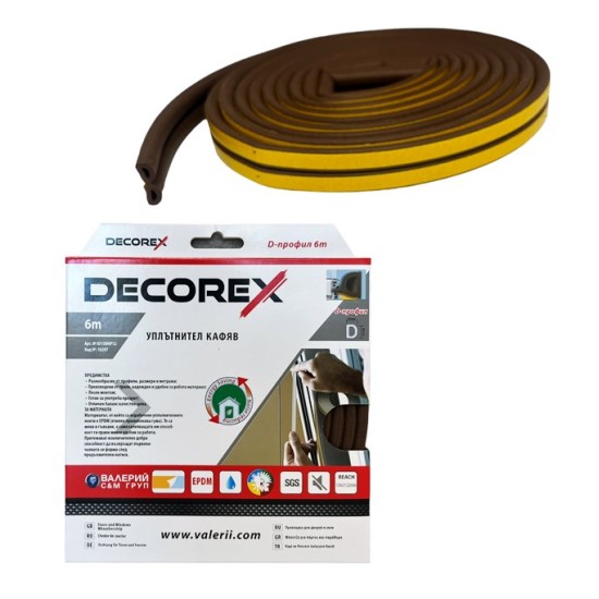 Уплътнител за врати и прозорци DECOREX D профил кафяв гумен 6м х 6мм /30 броя в кашон/