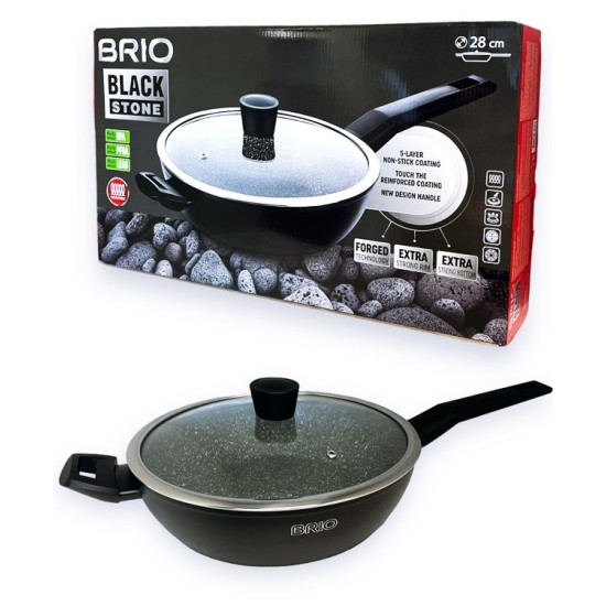 Тиган BRIO Black Stone с незалепващо покритие индукционен Ф28см с две дръжки и капак в кутия №104832 /6 броя в кашон/