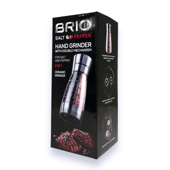 Мелничка за подправки BRIO Salt Pepper механична 2 в 1 с керамичен механизъм Ф7,2х18см VRTX №107113 /12 броя в кашон/