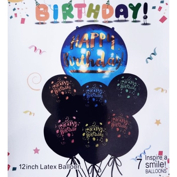 Комплект 6 броя черни балони с 1 брой 18" СИН фолио балон HAPPY BIRTHDAY