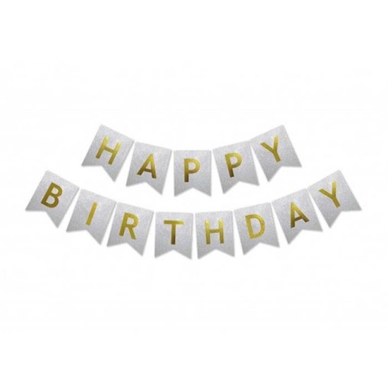 Надпис HAPPY BIRTHDAY брокат сребърно 17см х 12см /10 броя в стек/