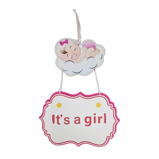 Висяща украса за парти 32см Бебе върху облаче ITS A GIRL РОЗОВА