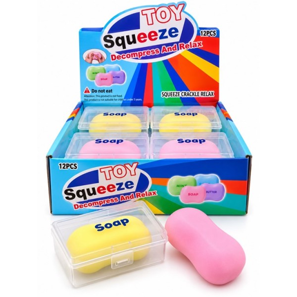 Скуиши играчка с чупещ ефект SOAP в прозрачна пвц кутийка 10 см х 6,5 см х Н3,5 см /12 броя на дисплей/
