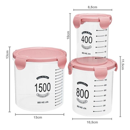 Комплект 3 броя пвц буркани разграфени 400ml/800ml/1500ml