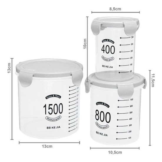 Комплект 3 броя пвц буркани разграфени 400ml/800ml/1500ml