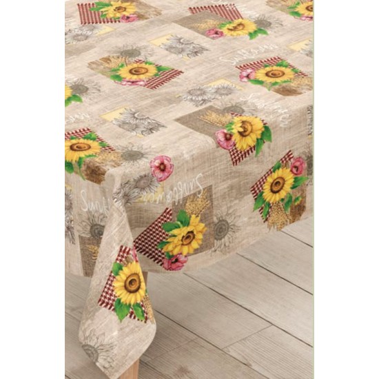 Мушама Mirella 140см/20м №199-A кафява със слънчогледи и надпис Sunflower