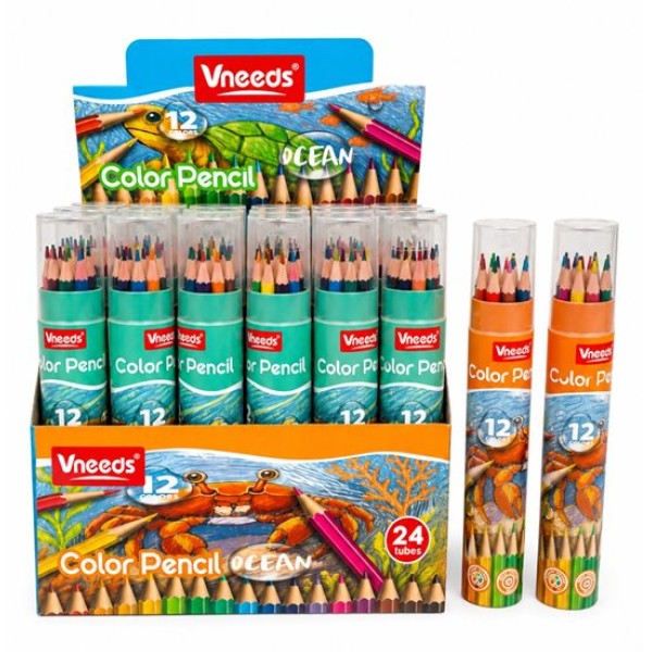 Моливи Vneeds 12 цвята в кръгла кутия с острилка №V0634 /24 комплекта в кутия/