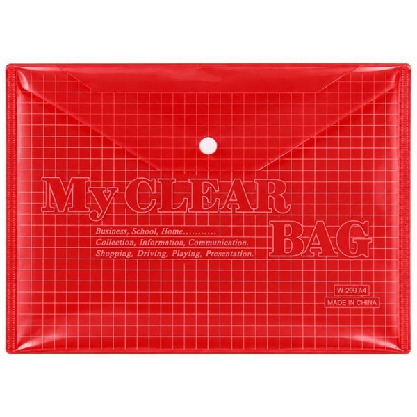 Папка за документи А4/18C пвц с копче MY CLEAR BAG прозрачна ЧЕРВЕНА /12 броя в стек/