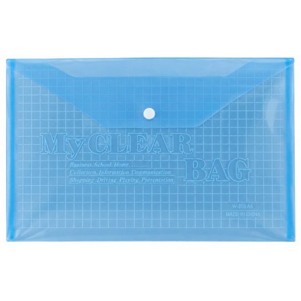 Папка за документи А4/18C пвц с копче MY CLEAR BAG прозрачна СИНЯ /12 броя в стек/