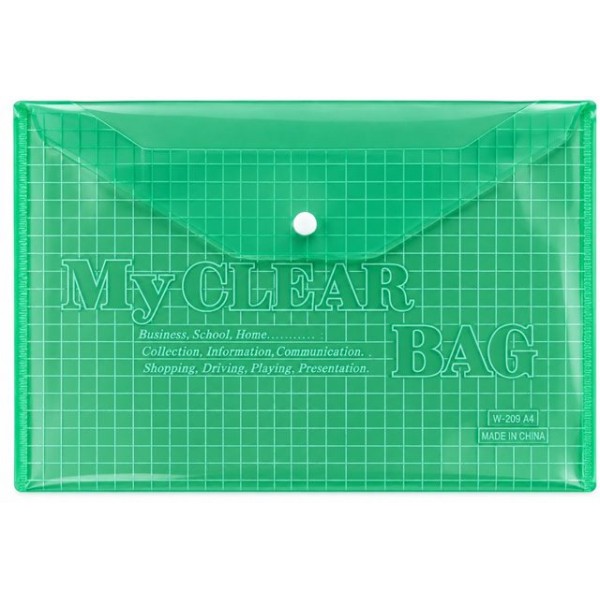 Папка за документи А4/18C пвц с копче MY CLEAR BAG прозрачна ЗЕЛЕНА /12 броя в стек/