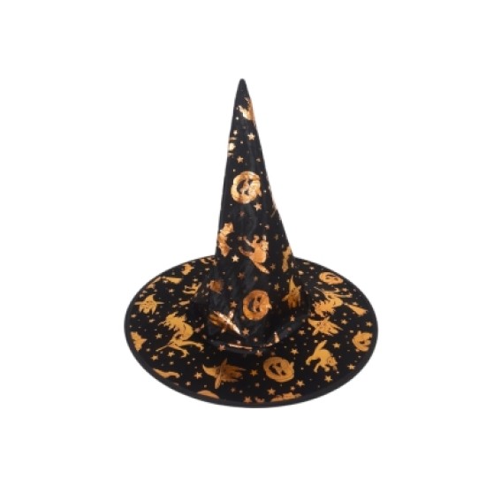 Шапка магьосник черна с декорация Halloween Ф38см/Н36см /12 броя в стек/